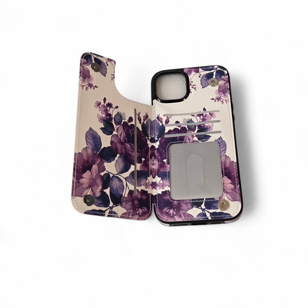 GOODON iPhone 15 Plus Wallet Case‎ Purple Floral Flip Cover Card Holder New